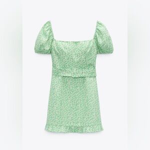 Zara NWT Belted Floral Linen Blend Square Neckline Dress Green Small